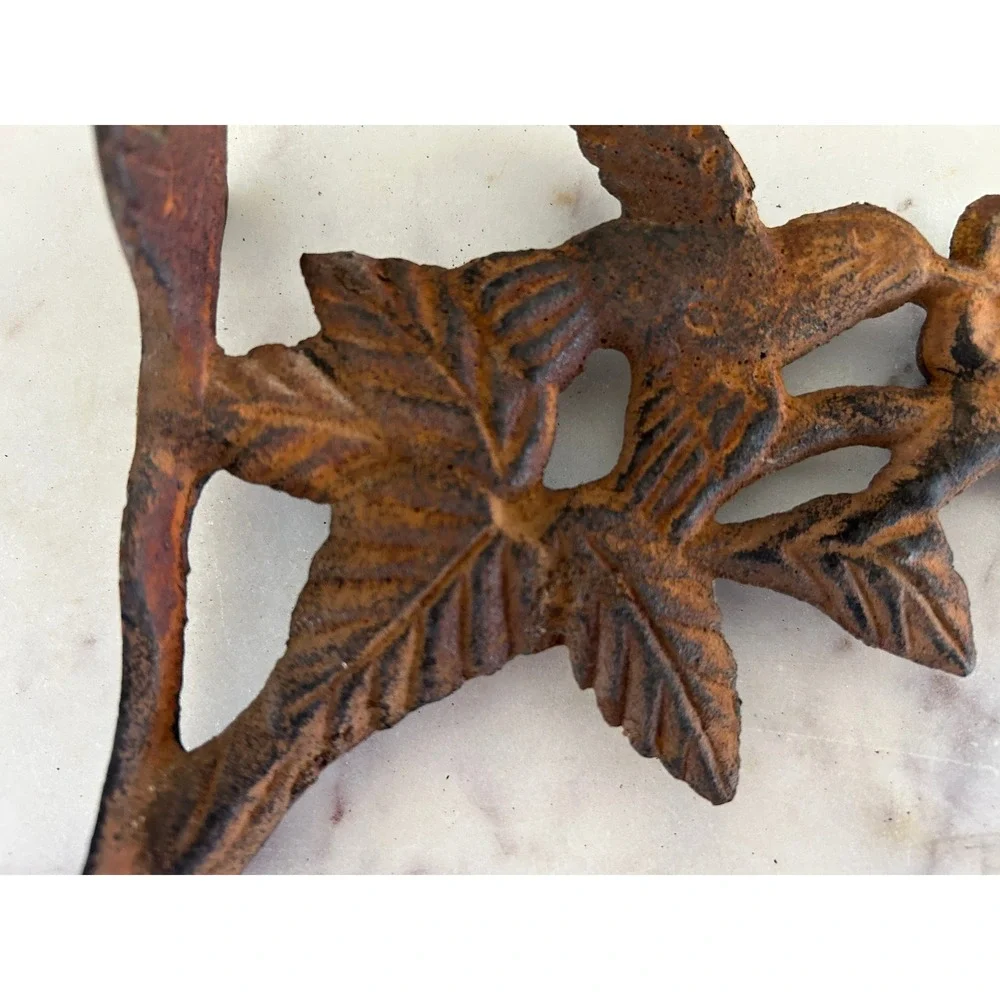 Vintage Cast Iron Hummingbird Wall Hook Rustic Brown Floral Garden Decor 7.5in